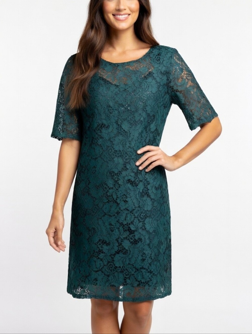 RW&CO Women's Forest Green Lace Overlay Mid-length Shift Dress NWT Size M